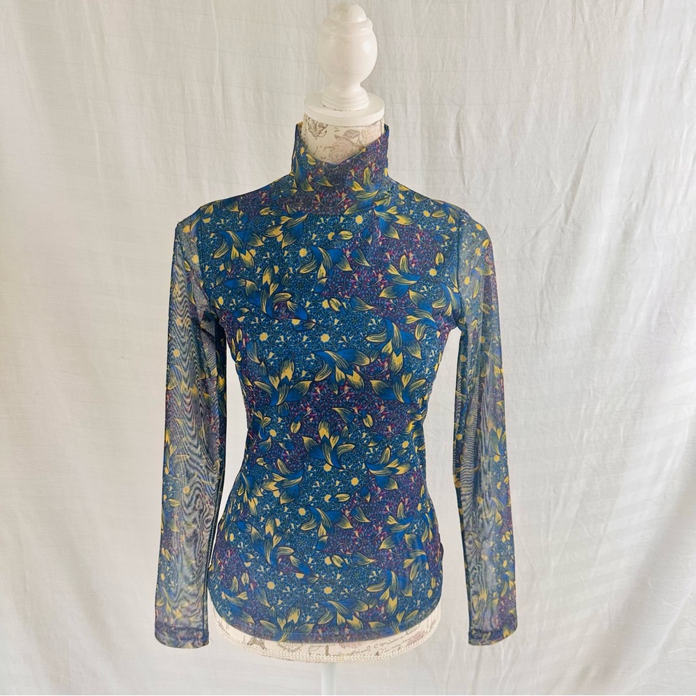 Anthropologie Mesh Mock Neck Top Blue Size XS Sheer Long Sleeve